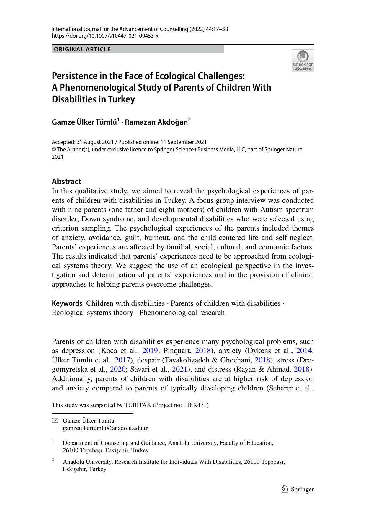 Persistence in the Face of Ecological Challenges: A Phenomenological Study of Parents of Children With Disabilities in Turkey by Gamze Ülker Tümlü Ramazan Akdoğan