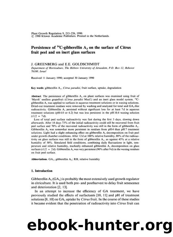 Persistence of <Superscript>14<Superscript>C-gibberellin A<Subscript>3<Subscript> on the surface of Citrus fruit peel and on inert glass surfaces by Unknown