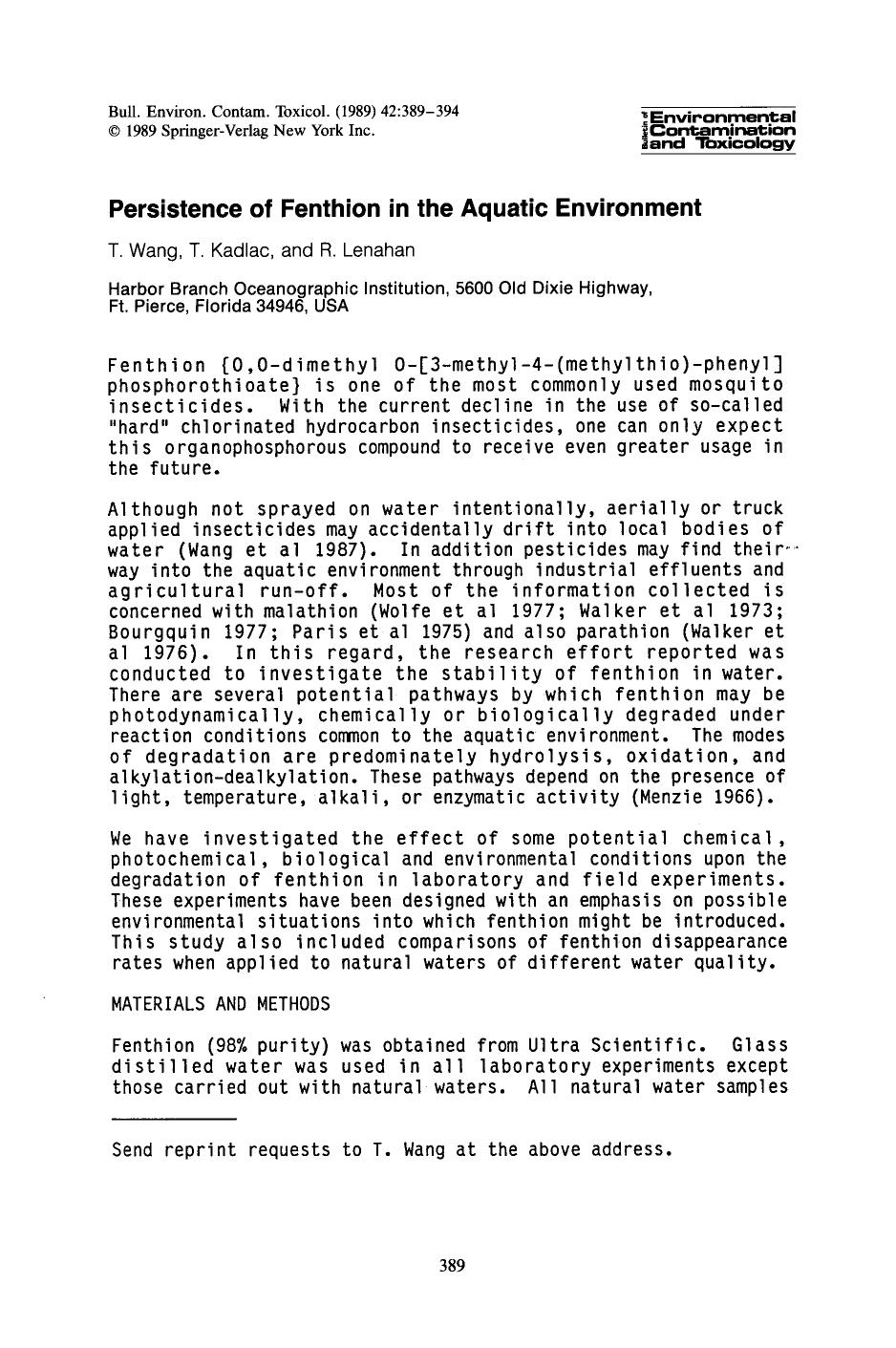 Persistence of fenthion in the aquatic environment by Unknown