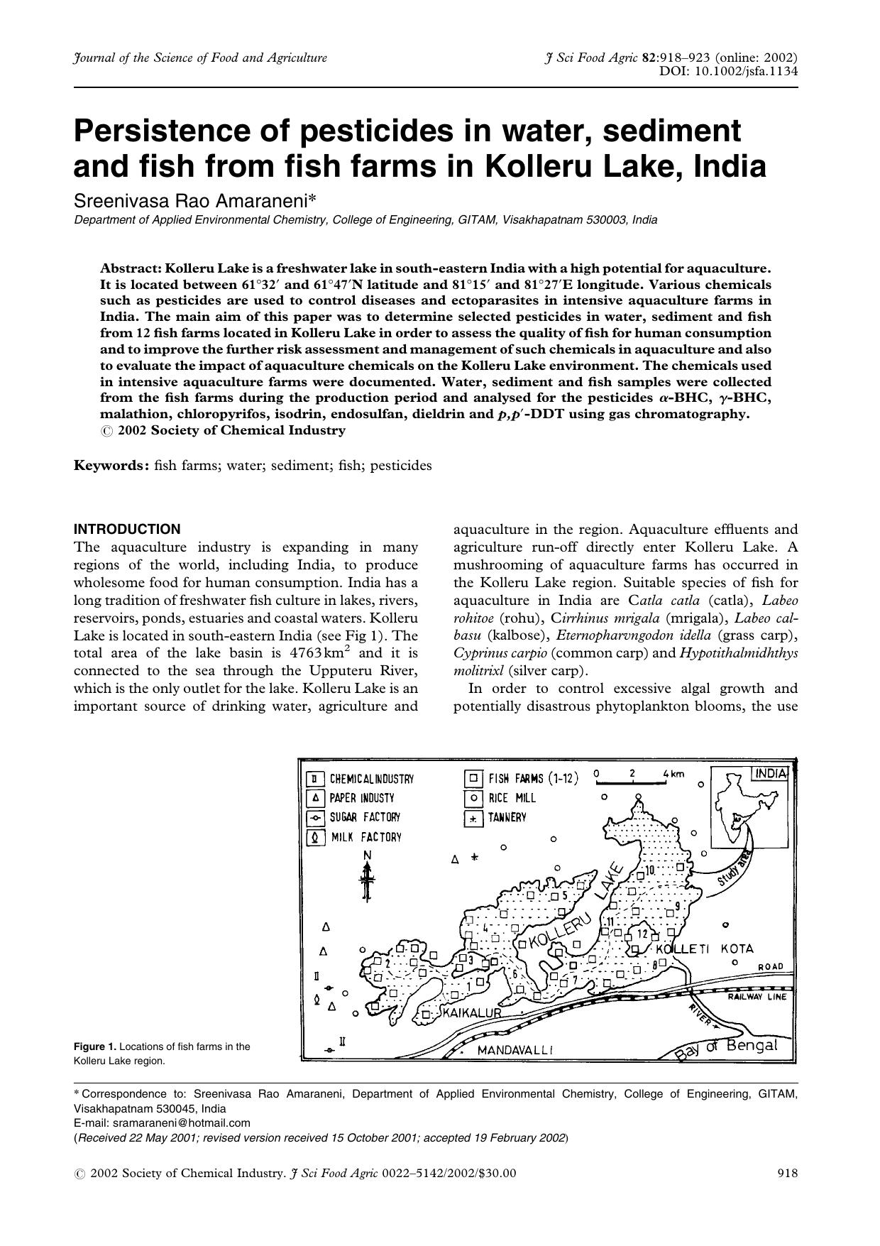 Persistence of pesticides in water, sediment and fish from fish farms in Kolleru Lake, India by Unknown