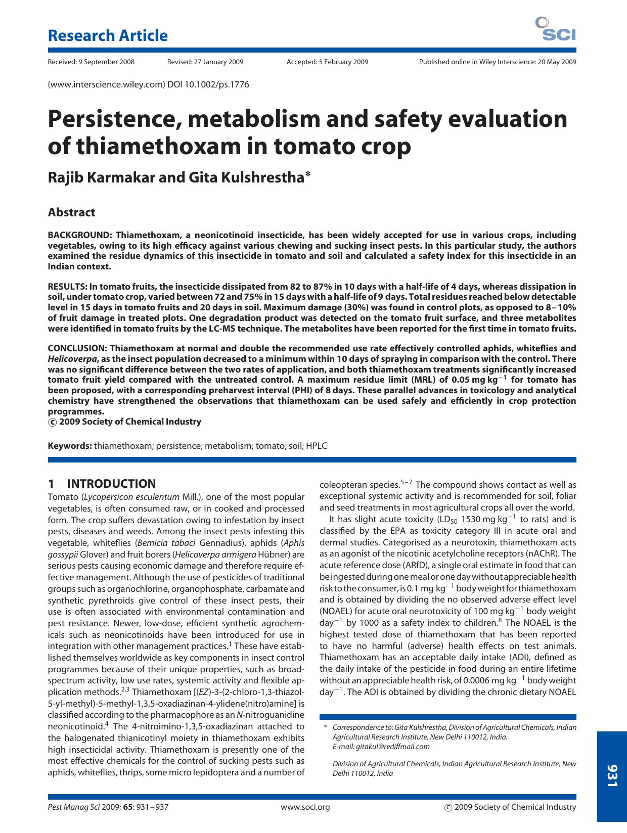 Persistence, metabolism and safety evaluation of thiamethoxam in tomato crop by Unknown