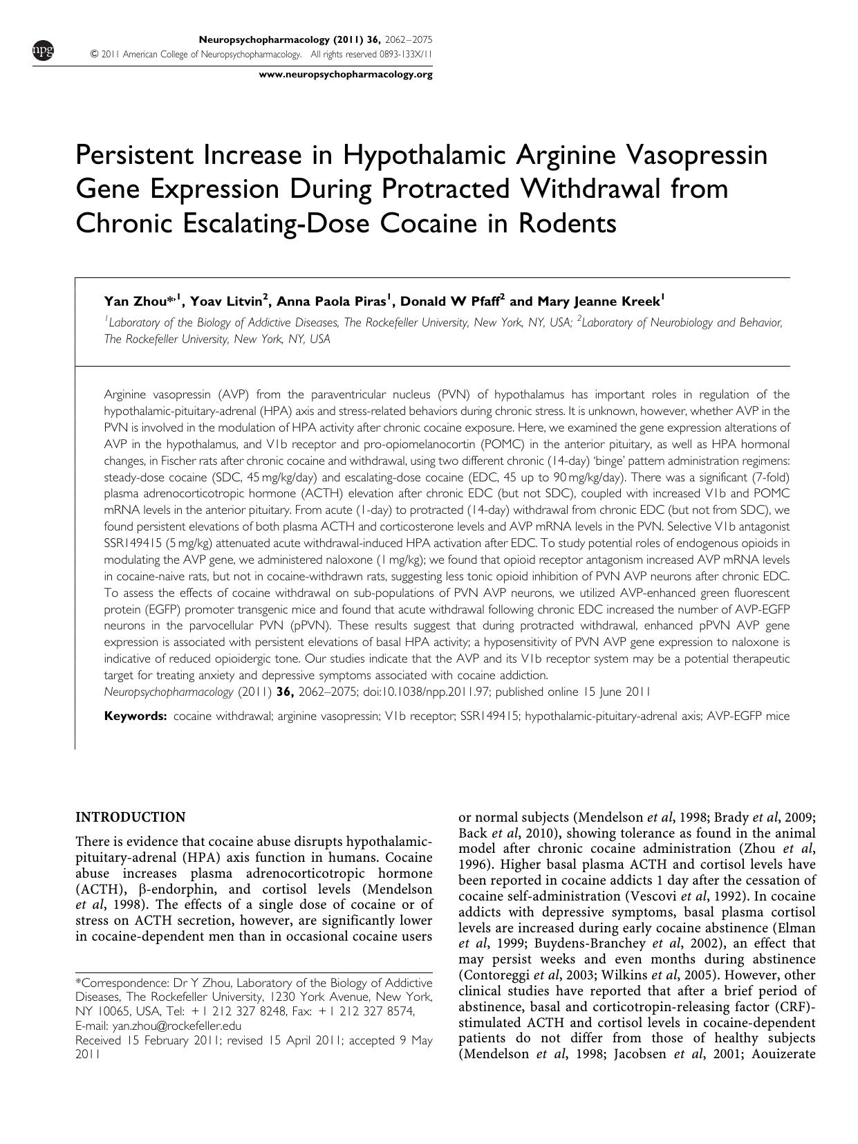 Persistent Increase in Hypothalamic Arginine Vasopressin Gene Expression During Protracted Withdrawal from Chronic Escalating-Dose Cocaine in Rodents by Yan Zhou & Yoav Litvin & Anna Paola Piras & Donald W Pfaff & Mary Jeanne Kreek