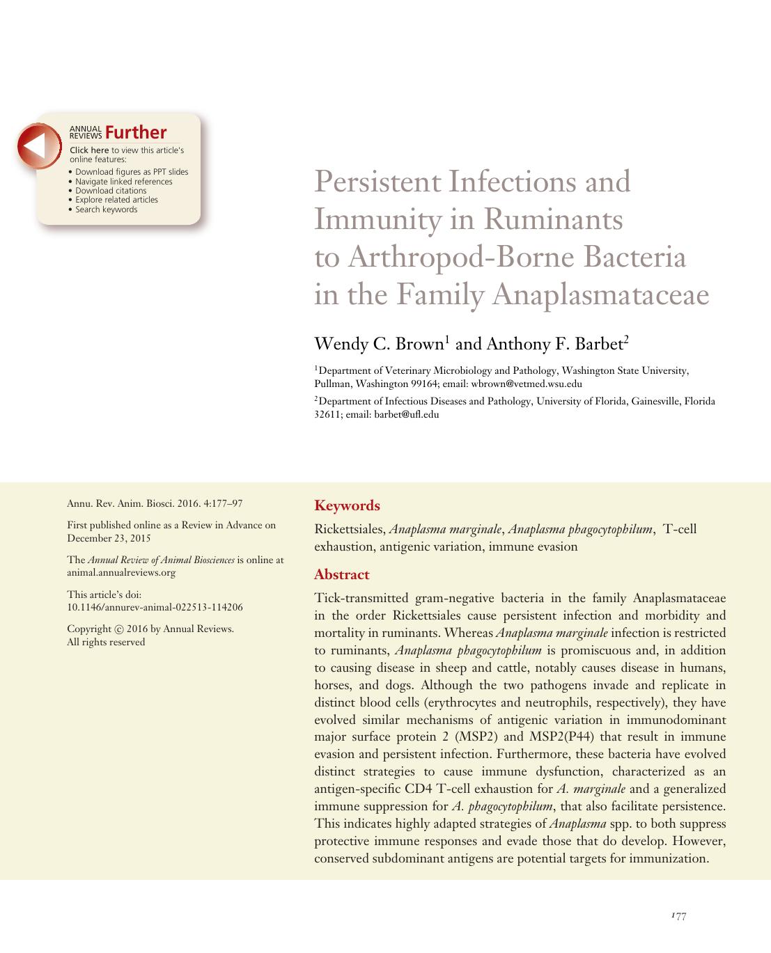 Persistent Infections and Immunity in Ruminants to Arthropod-Borne Bacteria in the Family Anaplasmataceae by Wendy C. Brown and Anthony F. Barbet