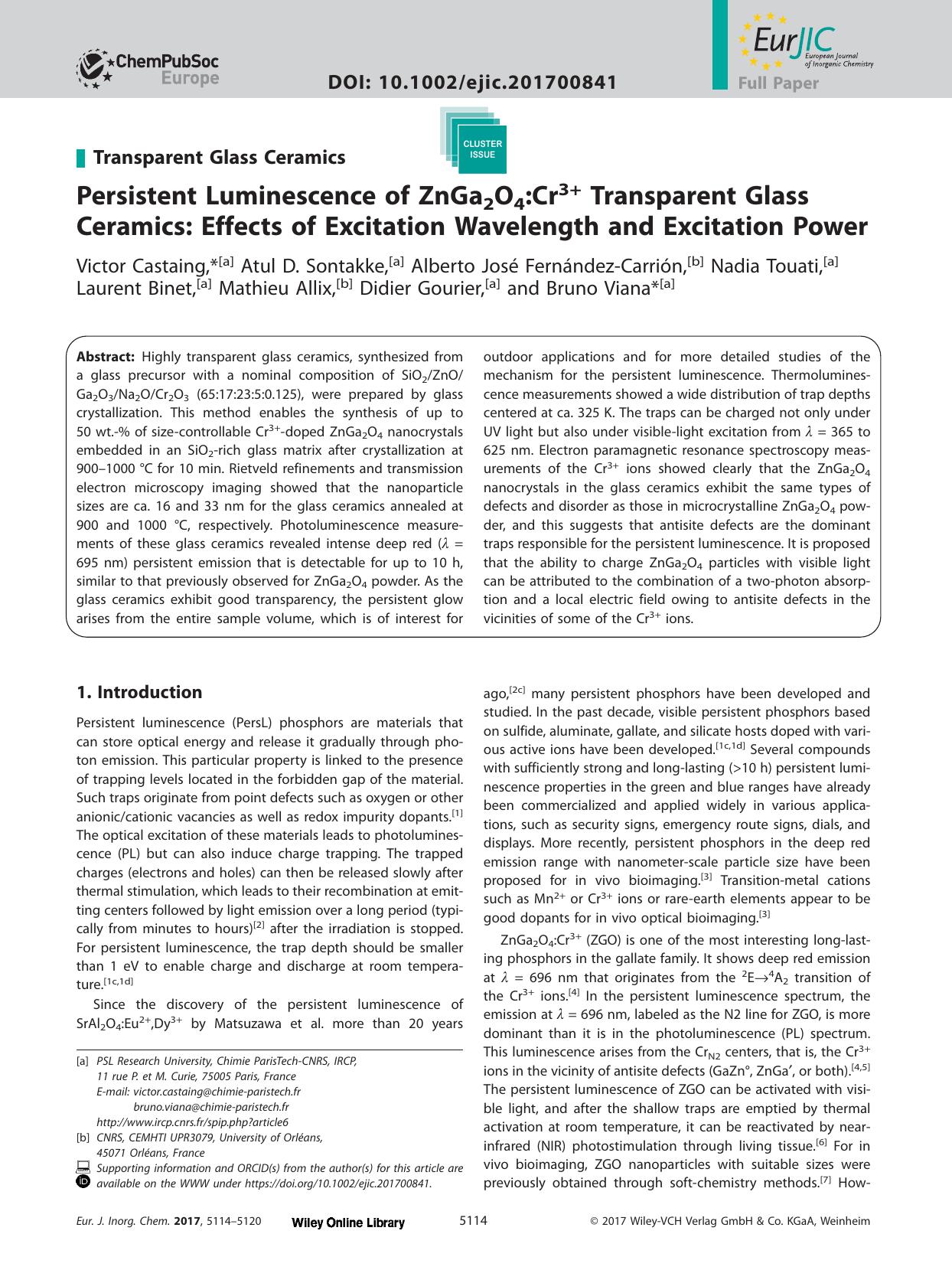 Persistent Luminescence of ZnGa2O4:Cr3+ Transparent Glass Ceramics: Effects of Excitation Wavelength and Excitation Power by Unknown