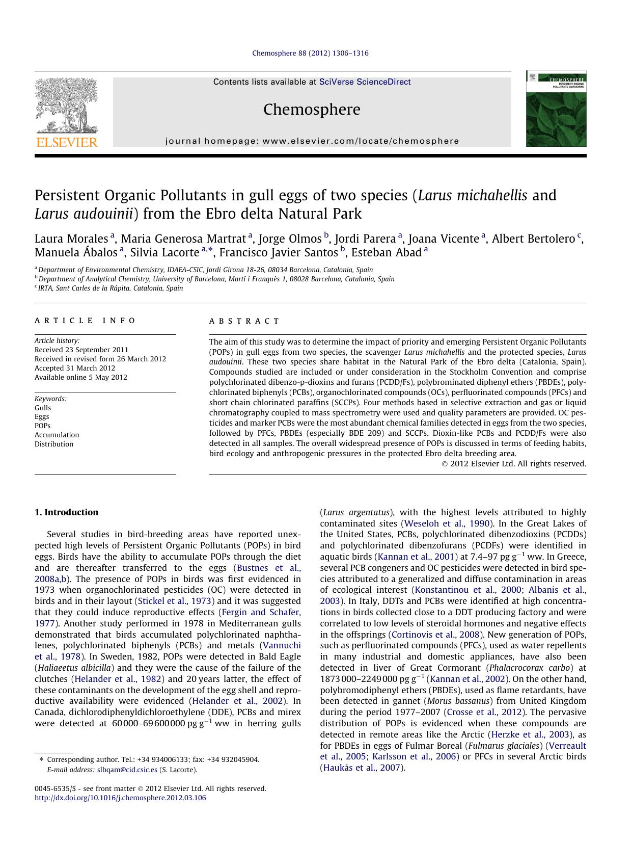 Persistent Organic Pollutants in gull eggs of two species (Larus michahellis and Larus audouinii) from the Ebro delta Natural Park by unknow