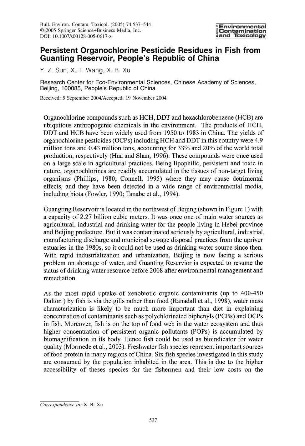 Persistent Organochlorine Pesticide Residues in Fish from Guanting Reservoir, Peopleâs Republic of China by Sun Y. et al