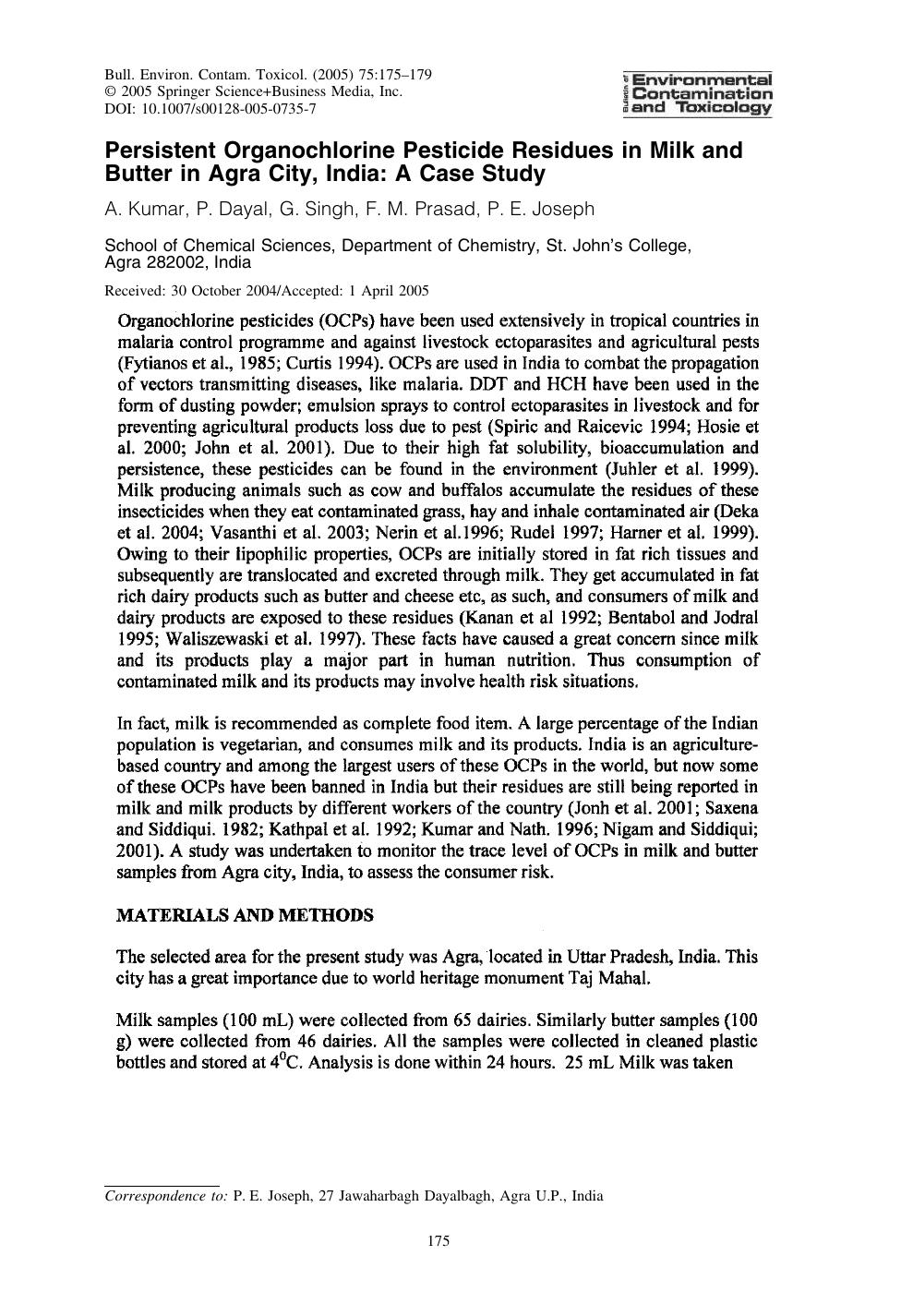 Persistent Organochlorine Pesticide Residues in Milk and Butter in Agra City, India: A Case Study by Kumar A.; et al