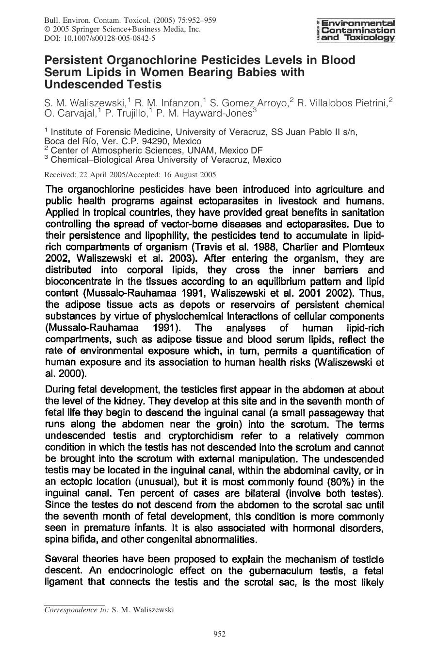 Persistent Organochlorine Pesticides Levels in Blood Serum Lipids in Women Bearing Babies with Undescended Testis by Waliszewski S. M. et al