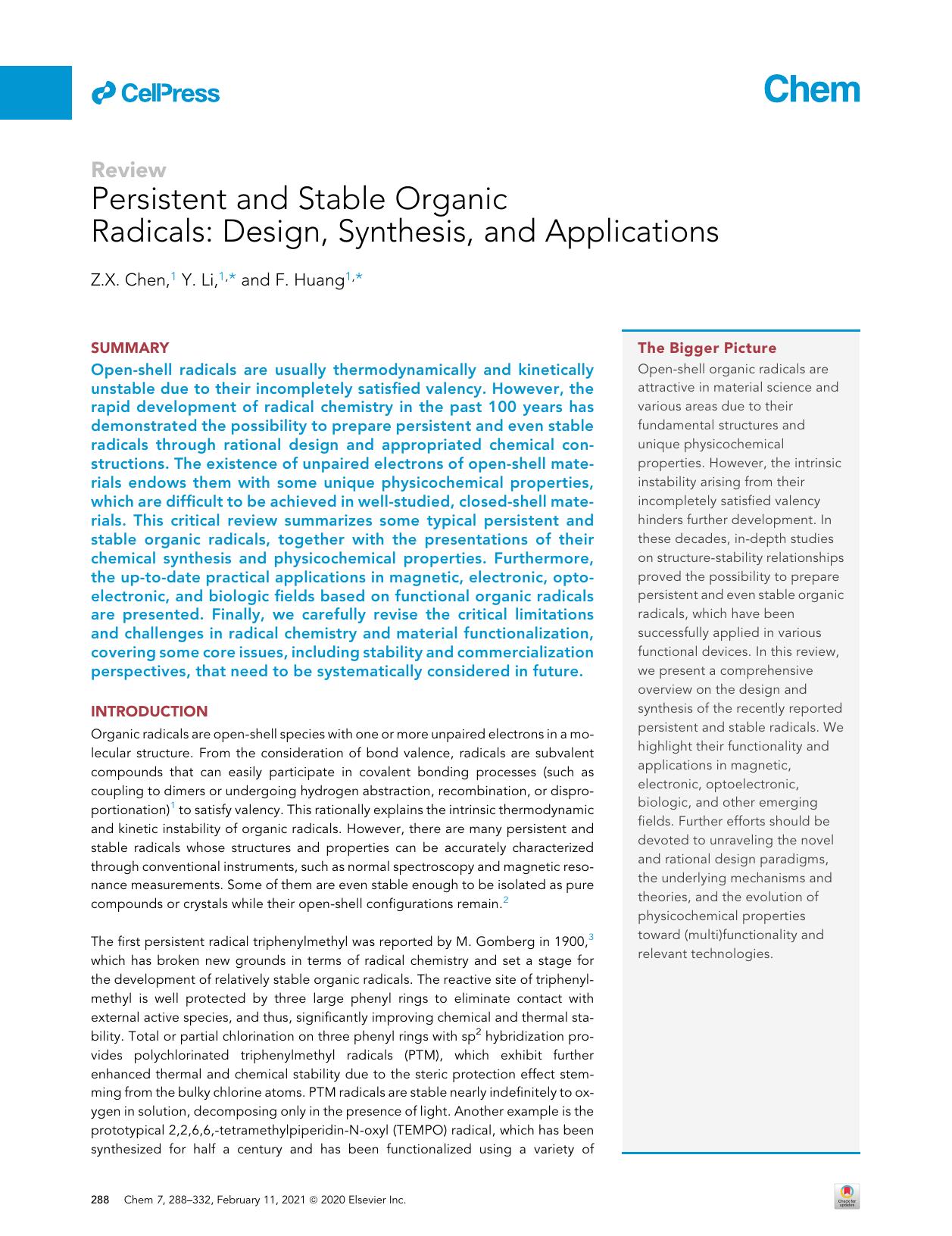Persistent and Stable Organic Radicals: Design, Synthesis, and Applications by Z.X. Chen & Y. Li & F. Huang