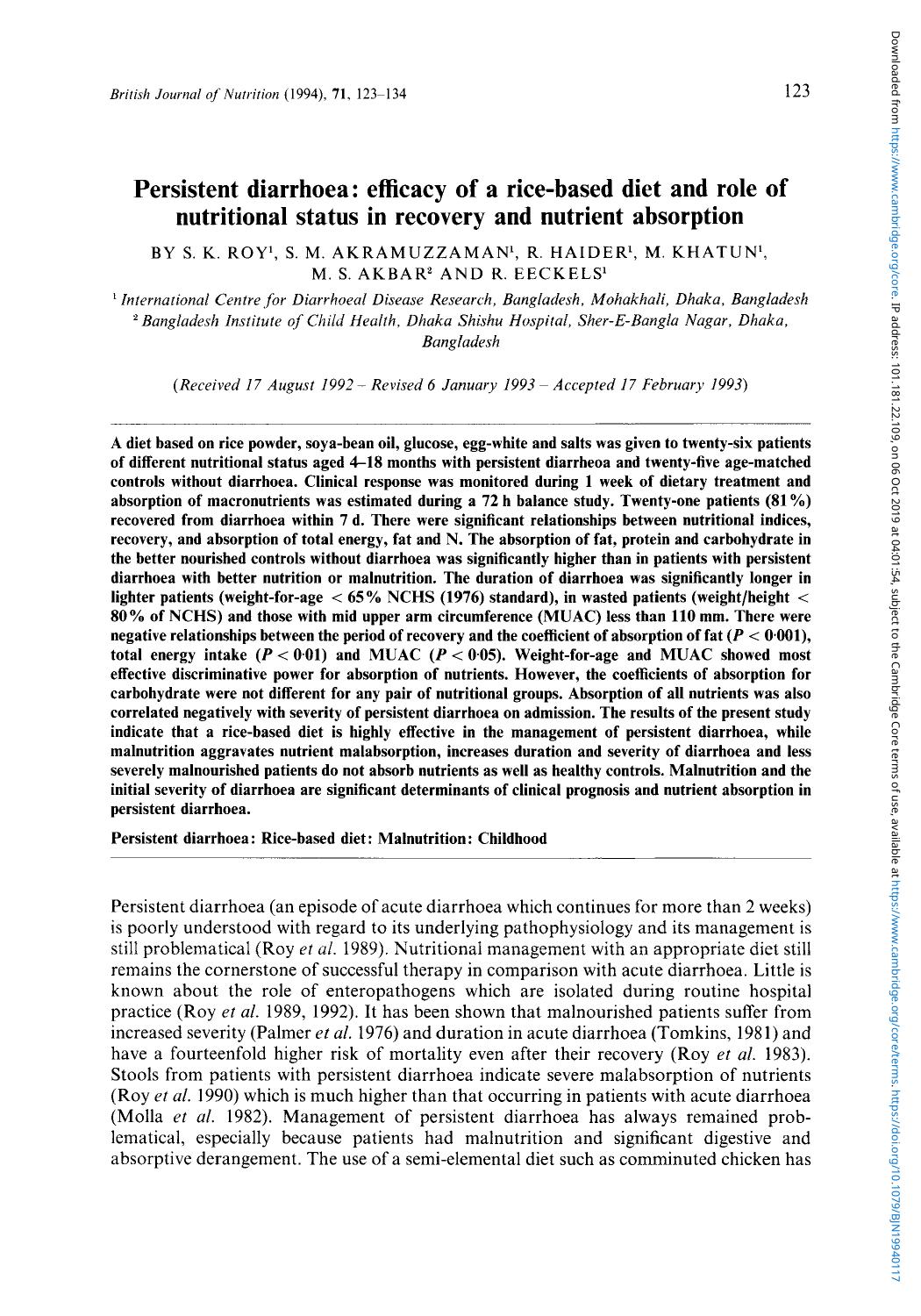 Persistent diarrhoea: efficacy of a rice-based diet and role of nutritional status in recovery and nutrient absorption by S. K. Roy S. M. Akramuzzaman R. Haider M. Khatun M. S. Akbar R. Eeckels