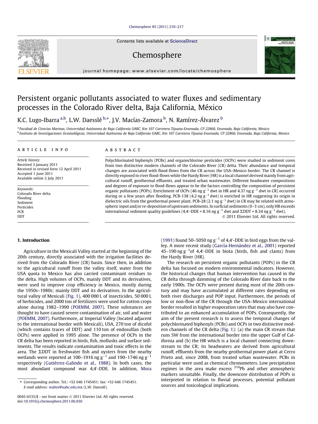 Persistent organic pollutants associated to water fluxes and sedimentary processes in the Colorado River delta, Baja California, MÃÂ©xico by K.C. Lugo-Ibarra & L.W. Daesslé & J.V. Macías-Zamora & N. Ramírez-Álvarez