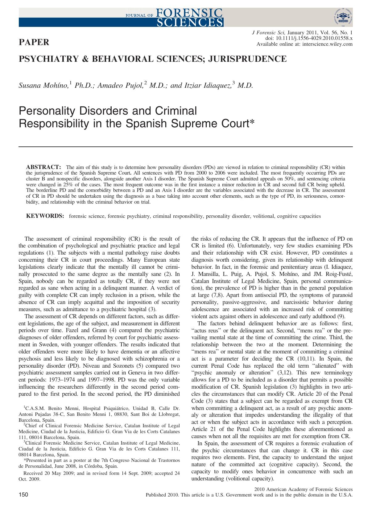 Personality Disorders and Criminal Responsibility in the Spanish Supreme Court by Unknown