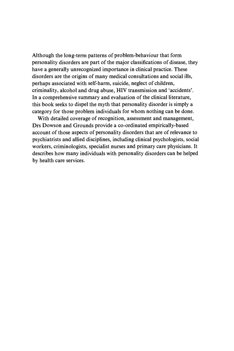Personality Disorders: Recognition and Clinical Management by Jonathan H. Dowson Adrian T. Grounds