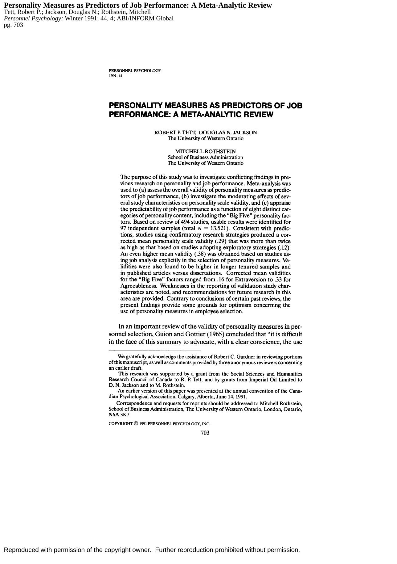 Personality Measures as Predictors of Job Performance by A Meta‐Analytic Review (1991) by Robert P. Tett Douglas N. Jackson & Mitchell Rothstein