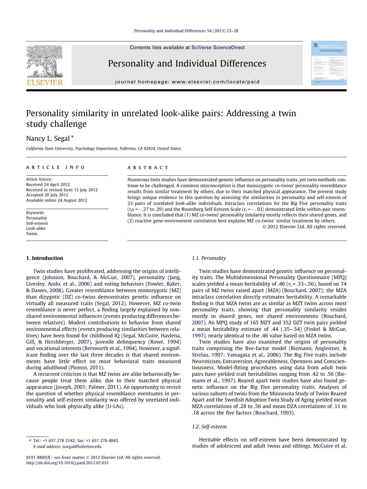 Personality Similarity in Unrelated Look-Alike Pairs by Addressing a Twin Study Challenge + Corrigendum (2013) by Nancy L. Segal