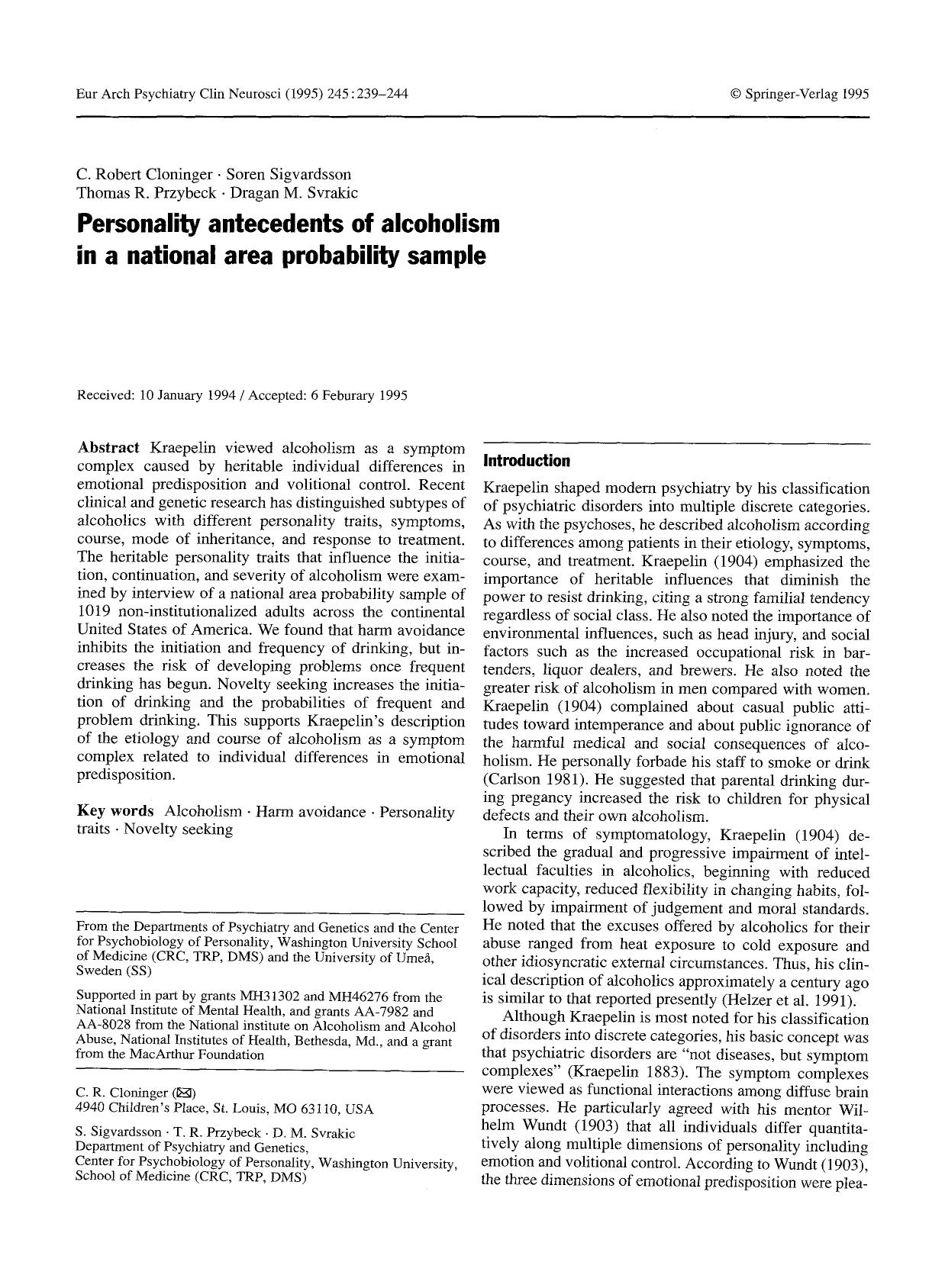 Personality antecedents of alcoholism in a national area probability sample by Unknown