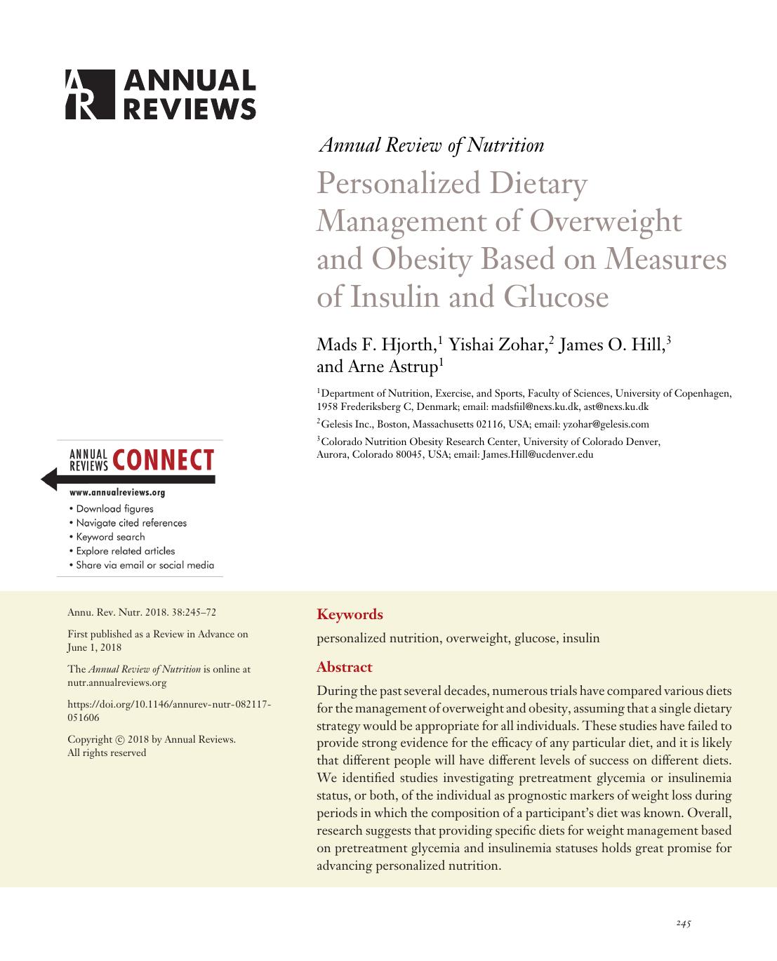 Personalized Dietary Management of Overweight and Obesity Based on Measures of Insulin and Glucose by Mads F. Hjorth Yishai Zohar James O. Hill Arne Astrup