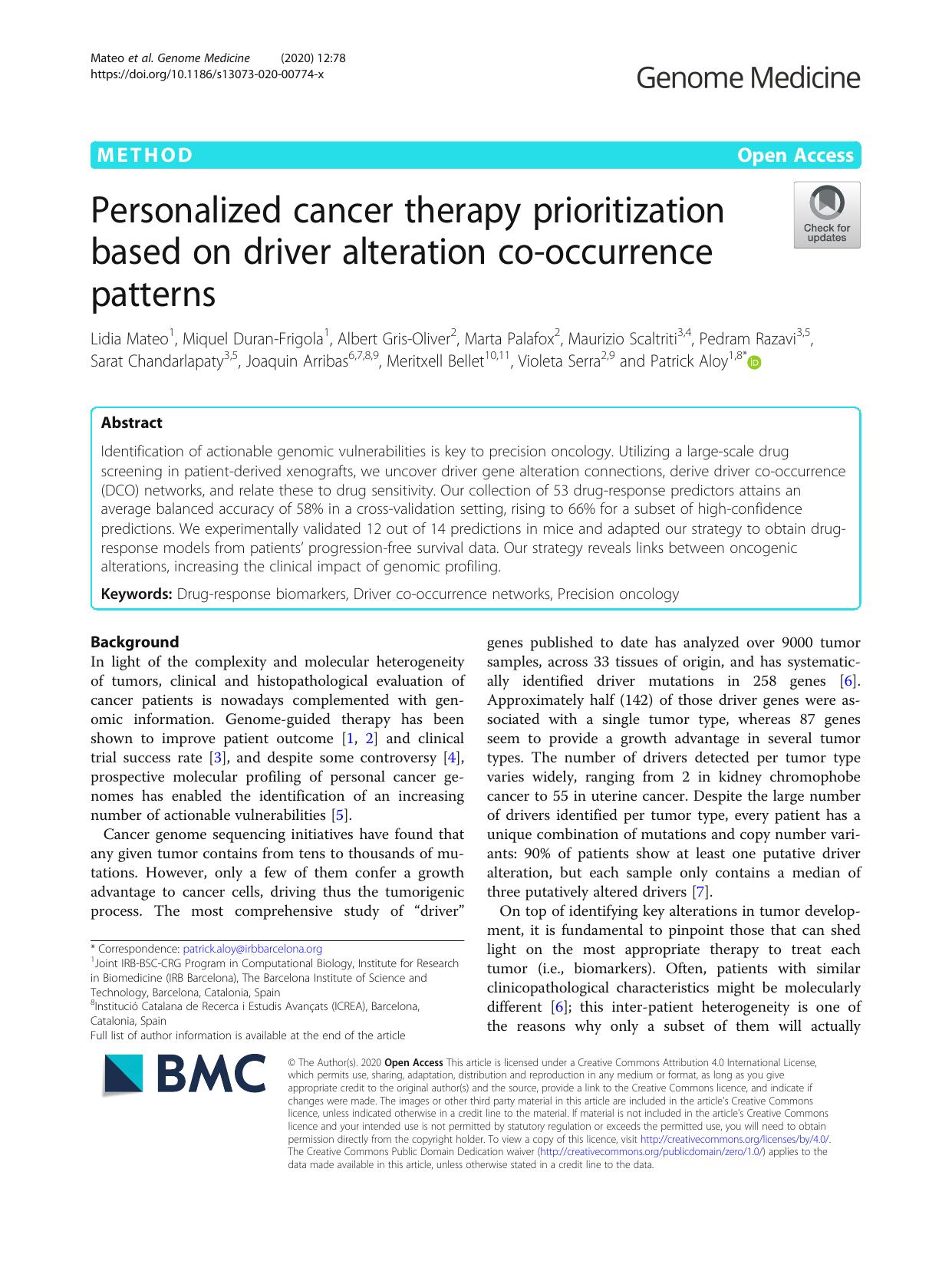 Personalized cancer therapy prioritization based on driver alteration co-occurrence patterns by unknow