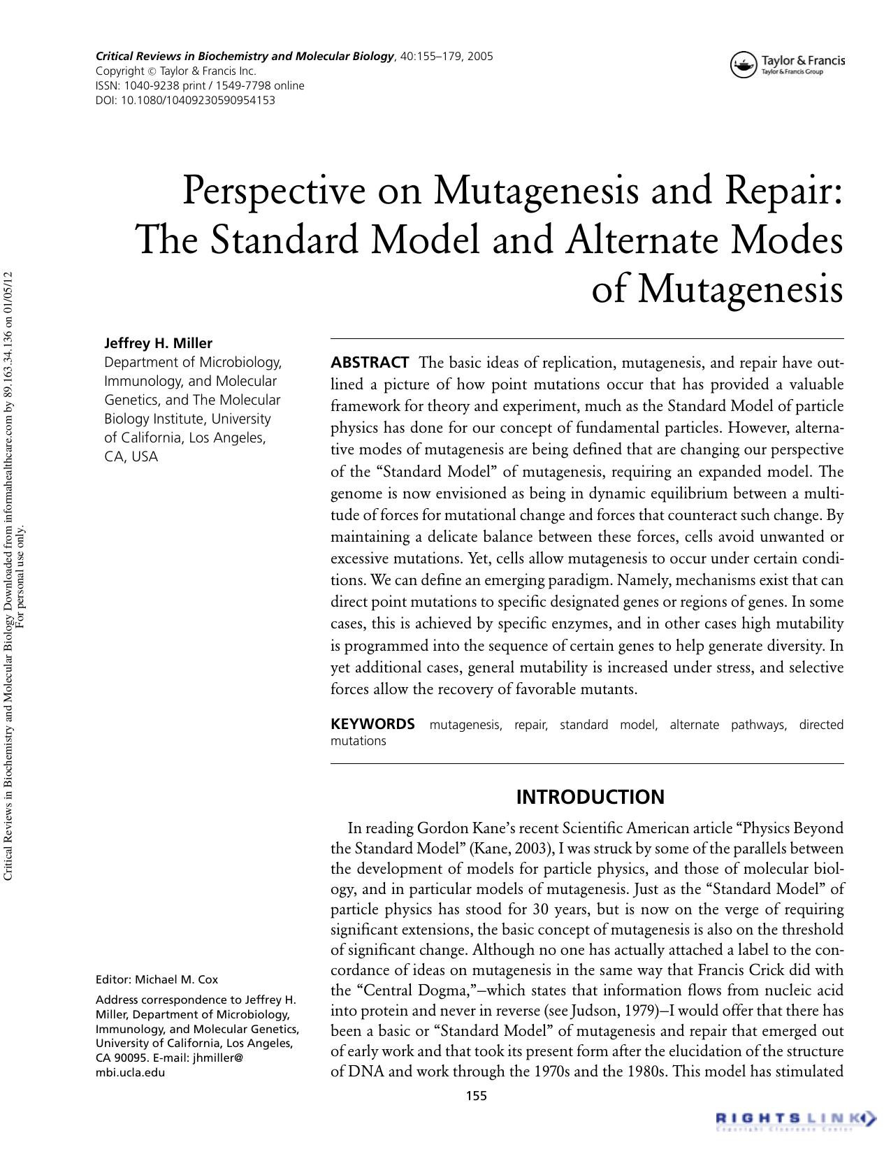 Perspective on Mutagenesis and Repair: The Standard Model and Alternate Modes of Mutagenesis by Jeffrey H. Miller