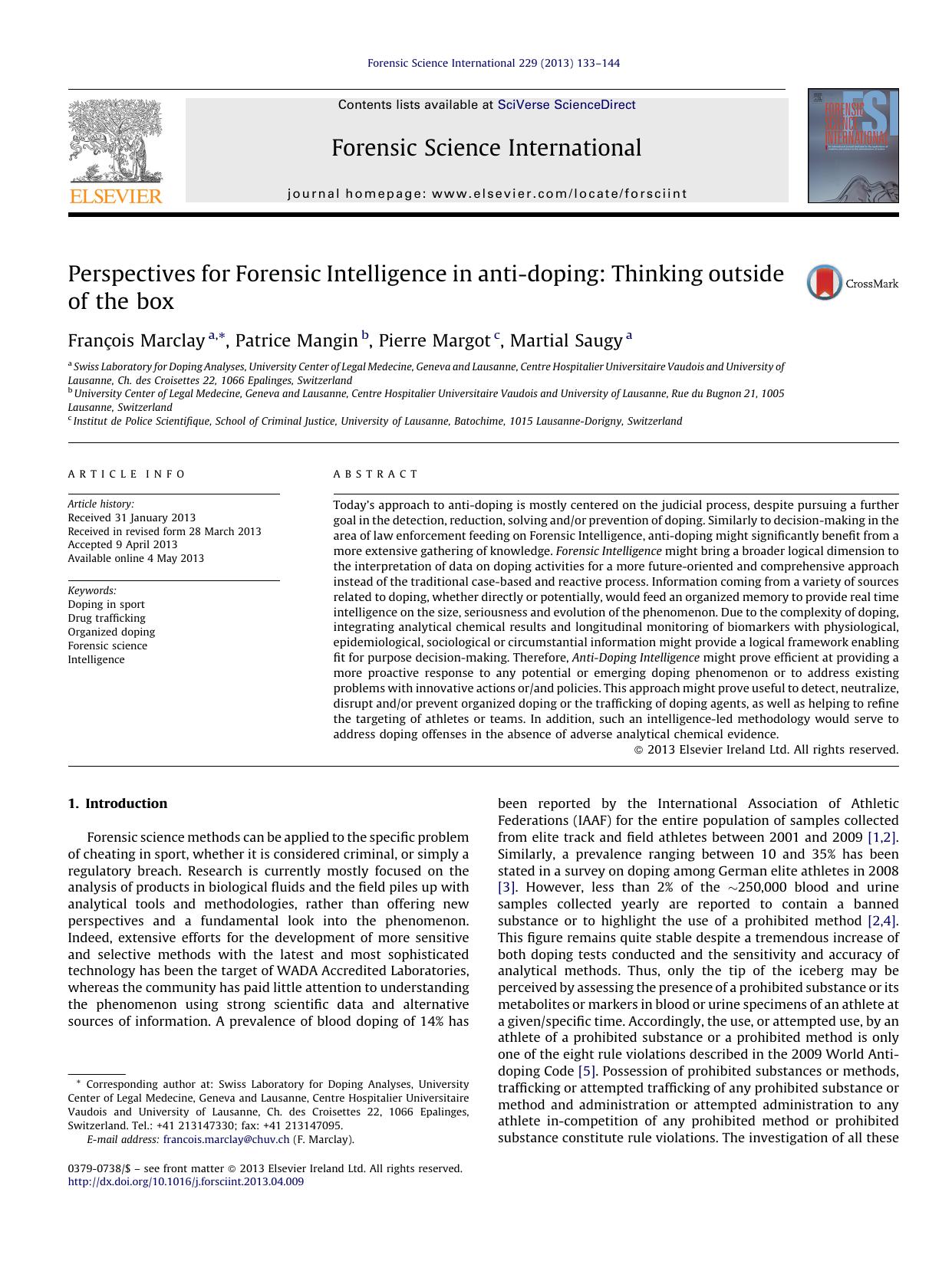 Perspectives for Forensic Intelligence in anti-doping: Thinking outside of the box by François Marclay