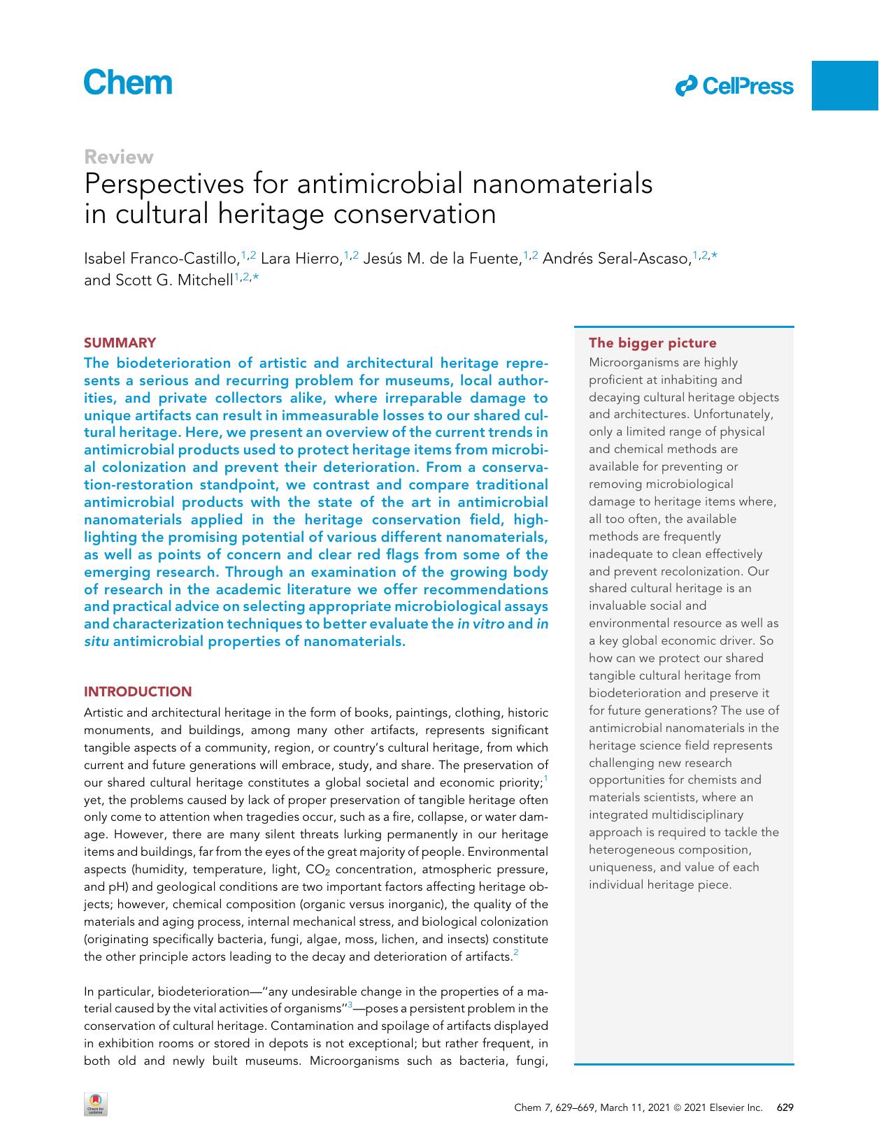 Perspectives for antimicrobial nanomaterials in cultural heritage conservation by unknow