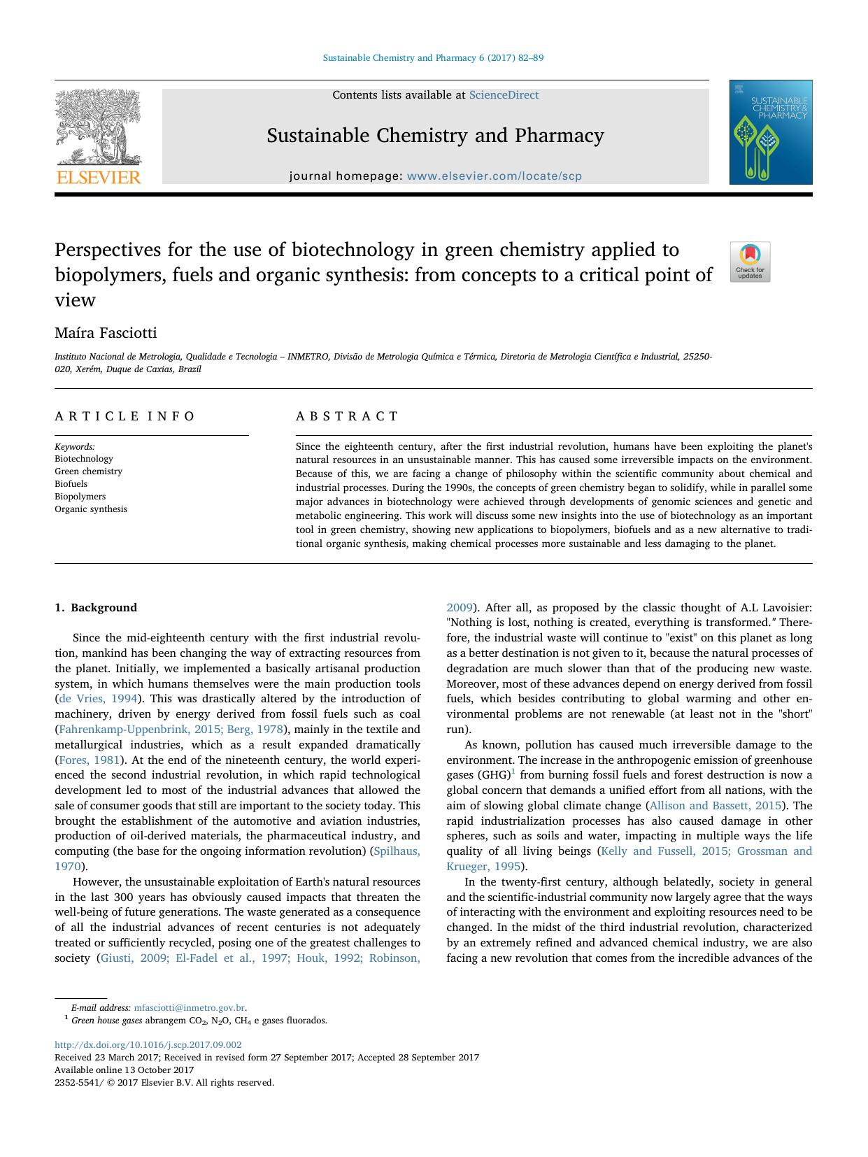 Perspectives for the use of biotechnology in green chemistry applied to biopolymers, fuels and organic synthesis_ from concepts to a critical point of view by Maíra Fasciotti