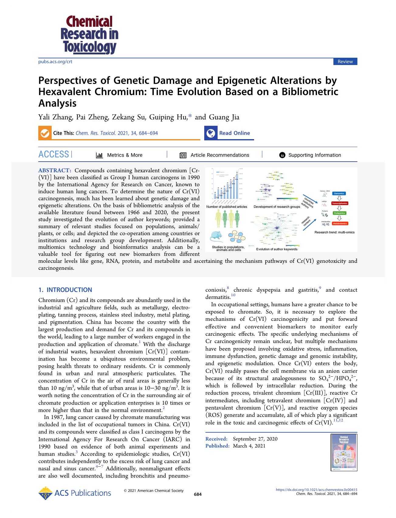 Perspectives of Genetic Damage and Epigenetic Alterations by Hexavalent Chromium: Time Evolution Based on a Bibliometric Analysis by Yali Zhang Pai Zheng Zekang Su Guiping Hu and Guang Jia