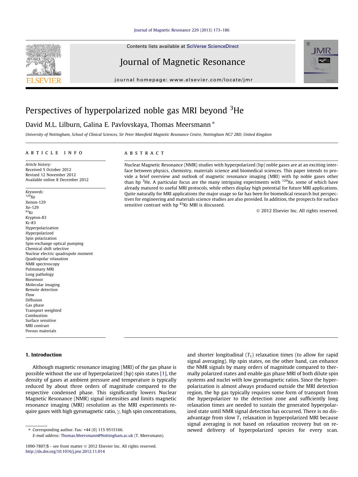 Perspectives of hyperpolarized noble gas MRI beyond 3He by David M.L. Lilburn & Galina E. Pavlovskaya & Thomas Meersmann