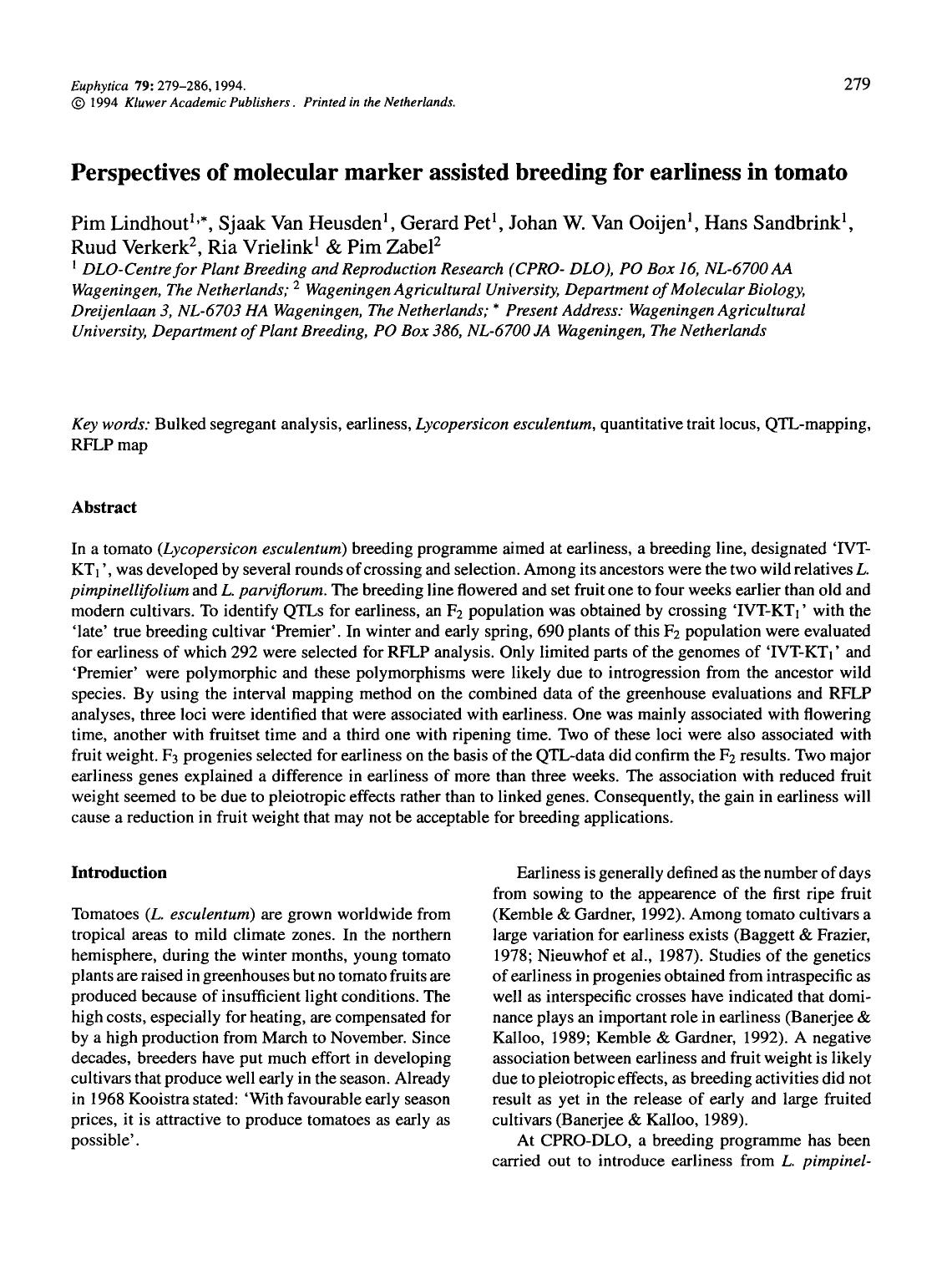 Perspectives of molecular marker assisted breeding for earliness in tomato by Unknown
