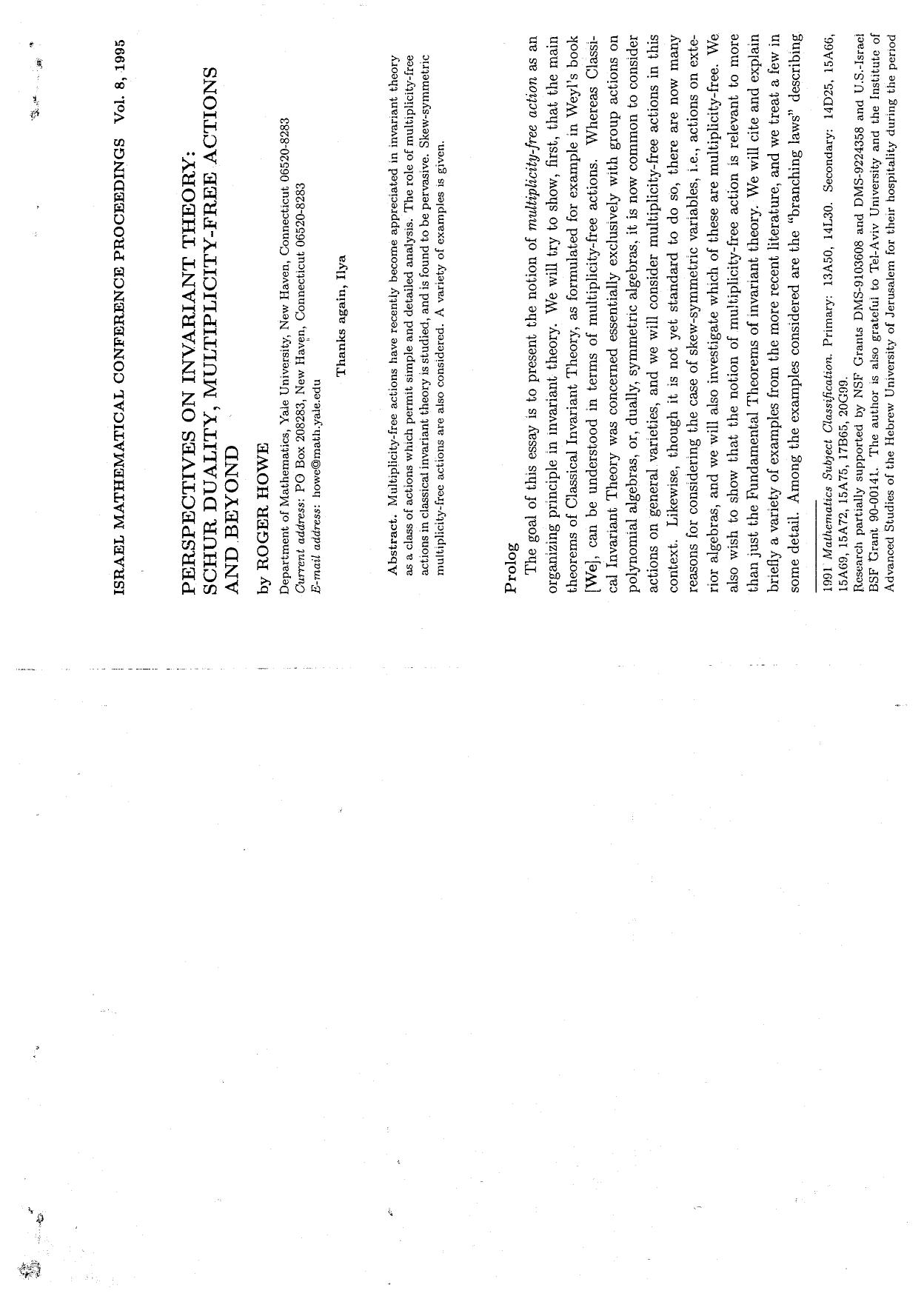 Perspectives on invariant theory: Schur duality, multiplicity-free actions and beyond by Roger Howe