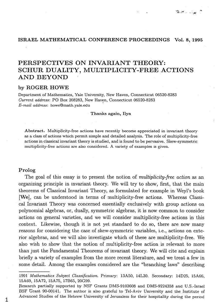 Perspectives on invariant theory: Schur duality, multiplicity-free actions, and beyond by Roger Howe