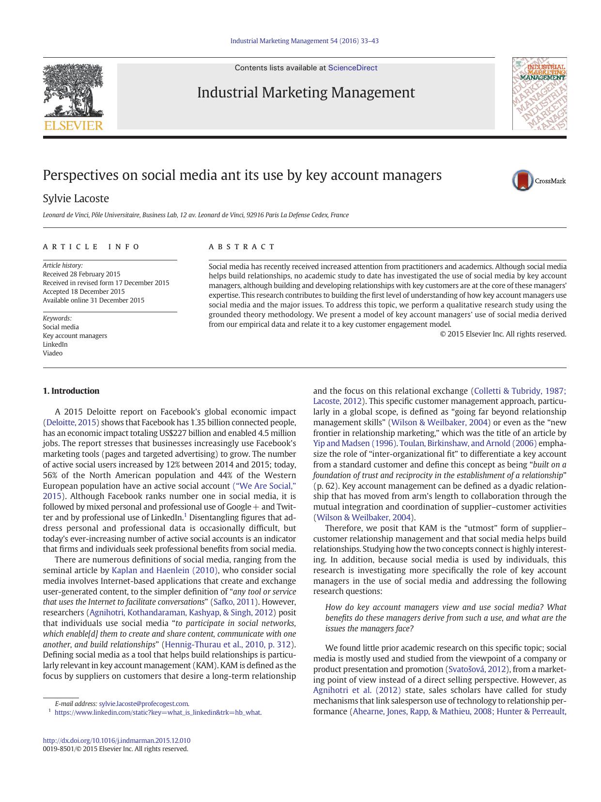 Perspectives on social media ant its use by key account managers by Sylvie Lacoste