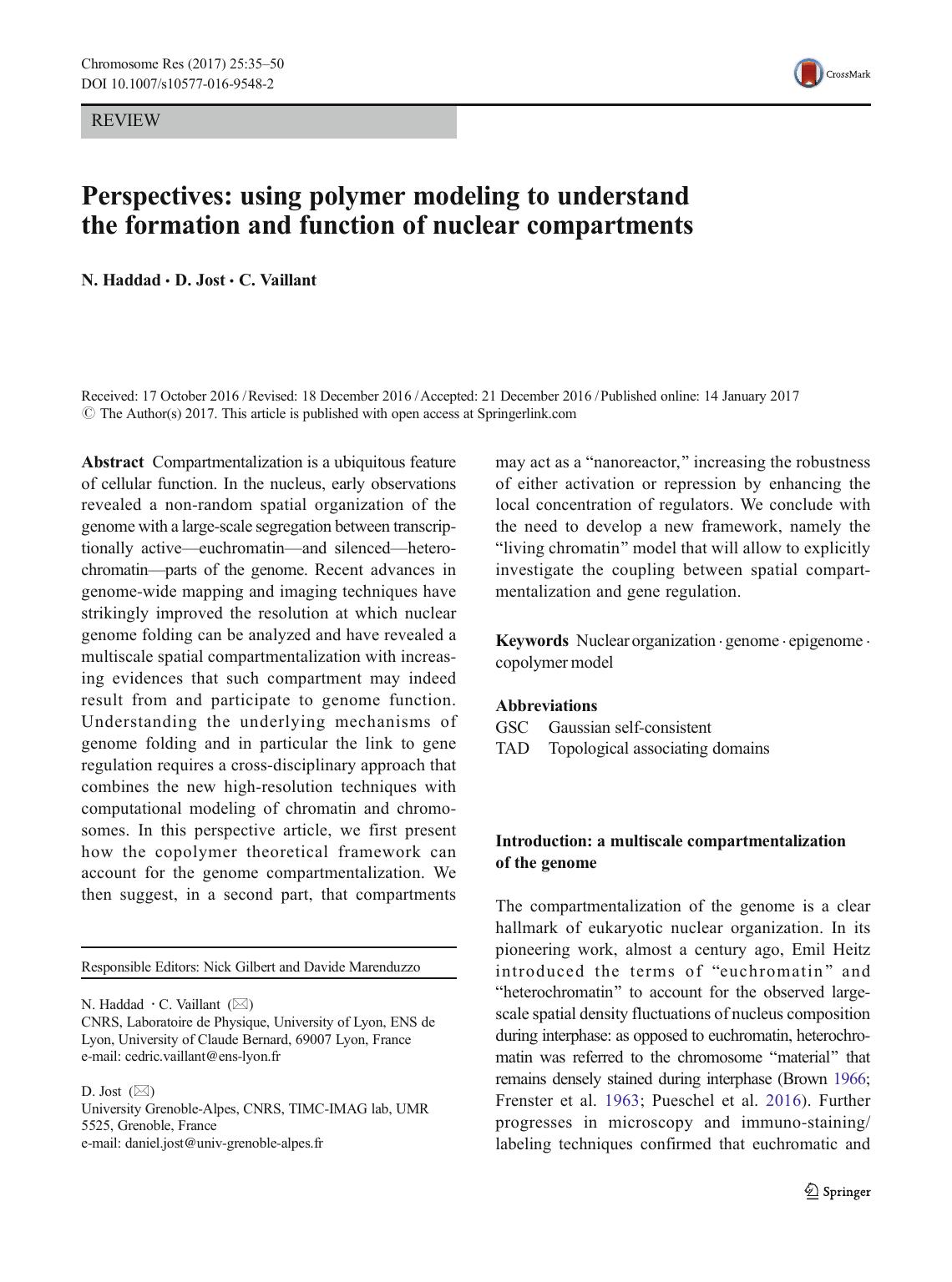 Perspectives: using polymer modeling to understand the formation and function of nuclear compartments by N. Haddad & D. Jost & C. Vaillant