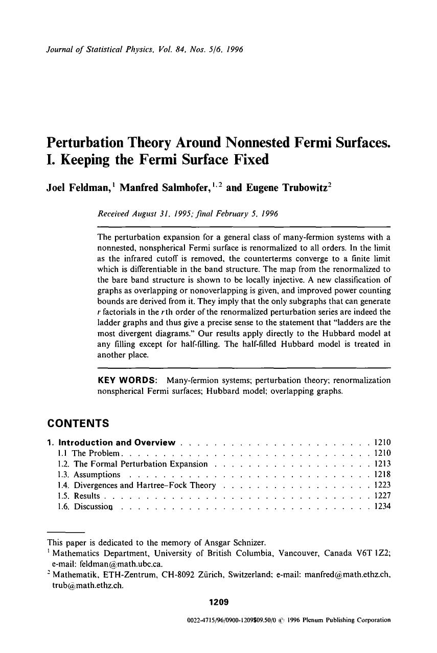Pertubation theory around nonnested fermi surfaces. I. Keeping the fermi surface fixed by Unknown