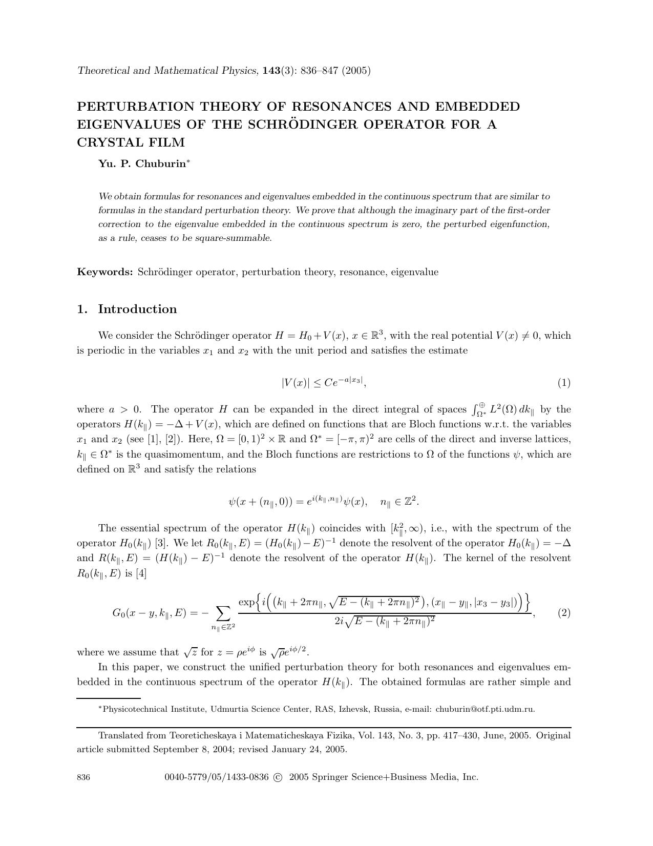 Perturbation Theory of Resonances and Embedded Eigenvalues of the Schrodinger Operator For a Crystal Film by Unknown
