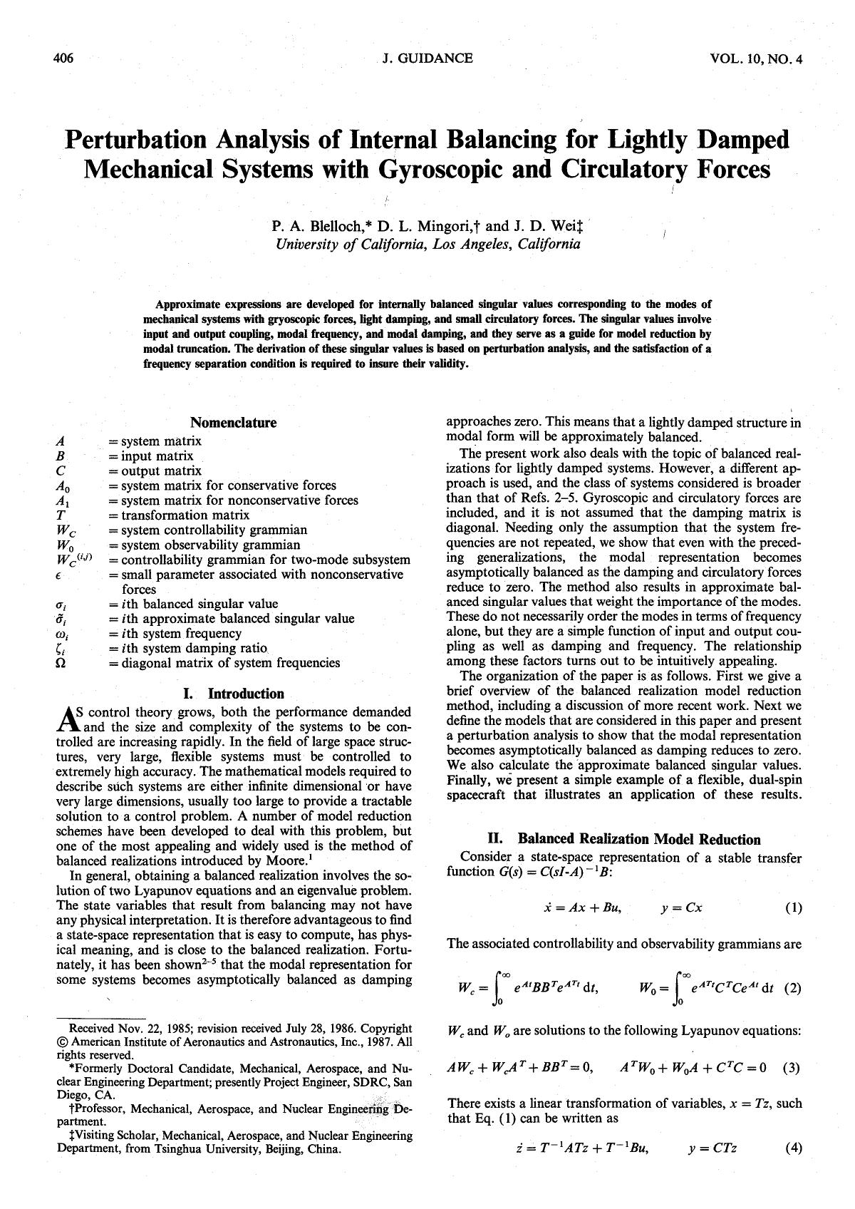 Perturbation analysis of internal balancing for lightly damped mechanical systems with gyroscopic and circulatory forces by Unknown