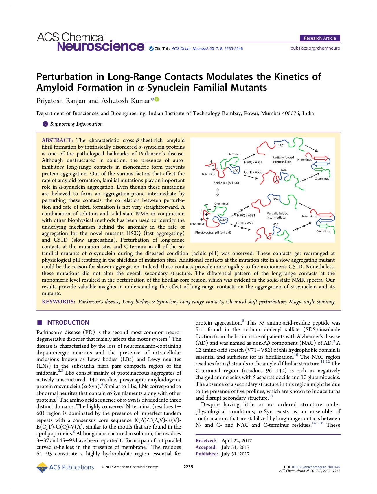 Perturbation in Long-Range Contacts Modulates the Kinetics of Amyloid Formation in Î±-Synuclein Familial Mutants by Priyatosh Ranjan and Ashutosh Kumar