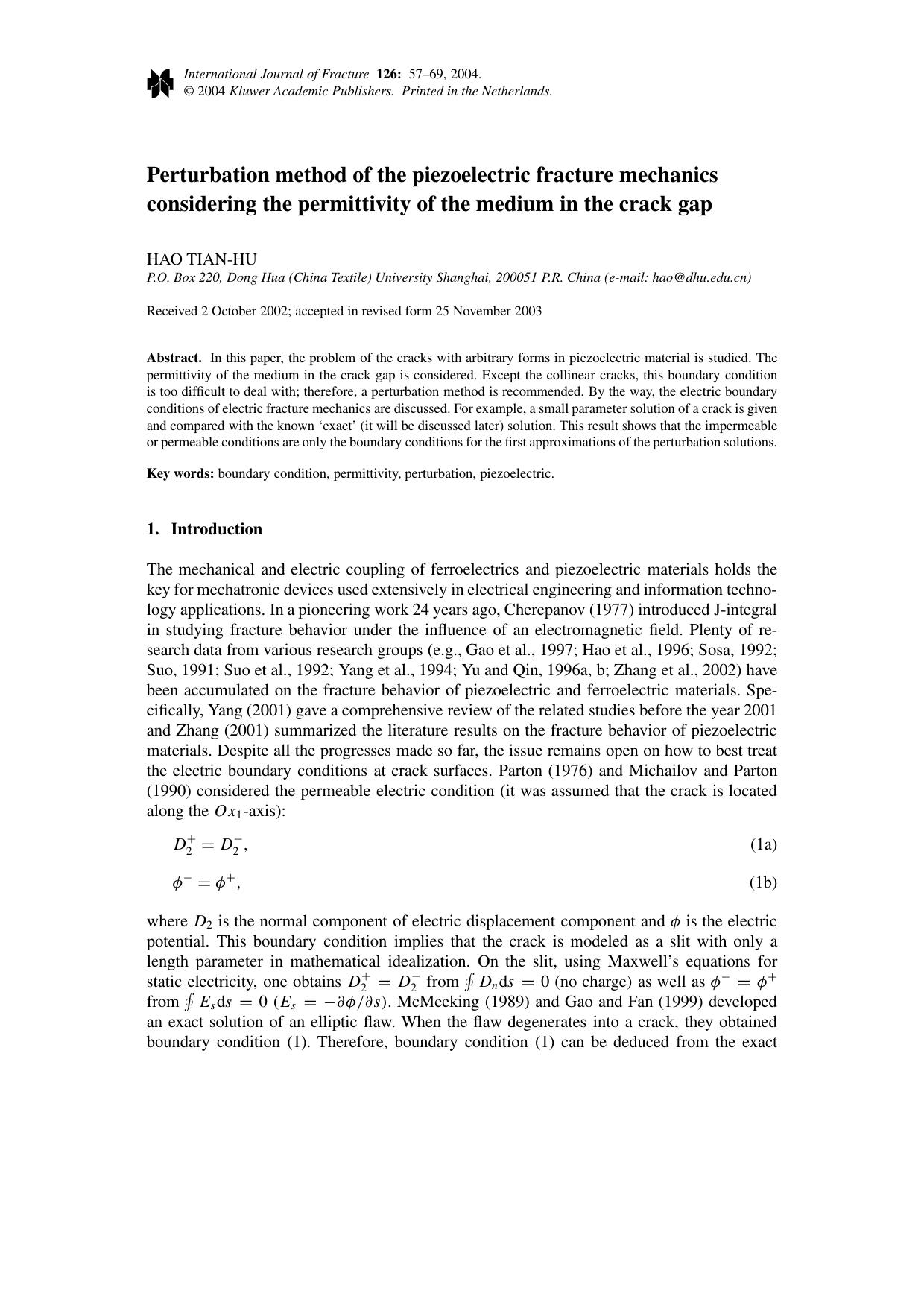Perturbation method of the piezoelectric fracture mechanics considering the permittivity of the medium in the crack gap by Unknown