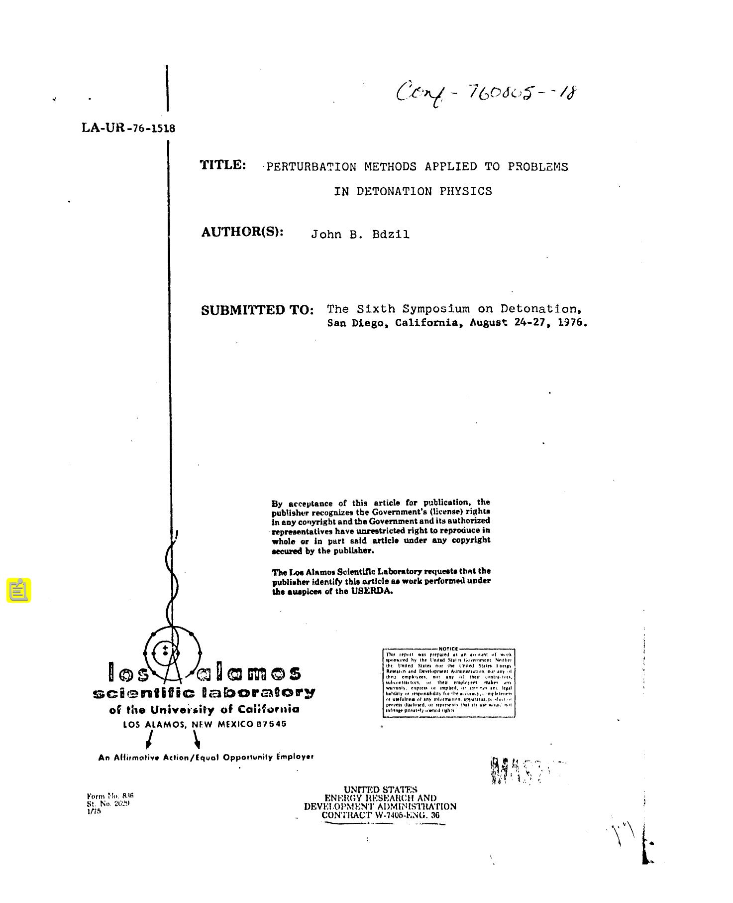 Perturbation methods applied to problems in detonation physics None by LANL Research Library LWW Project