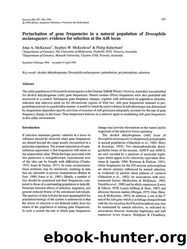 Perturbation of gene frequencies in a natural population of <Emphasis Type="Italic">Drosophila melanogaster<Emphasis>: evidence for selection at the <Emphasis Type="Italic">Adh<Emphasis> locus by Unknown