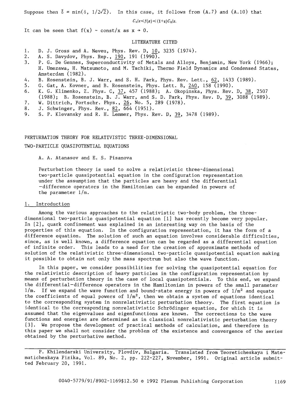 Perturbation theory for relativistic three-dimensional two-particle quasipotential equations by Unknown
