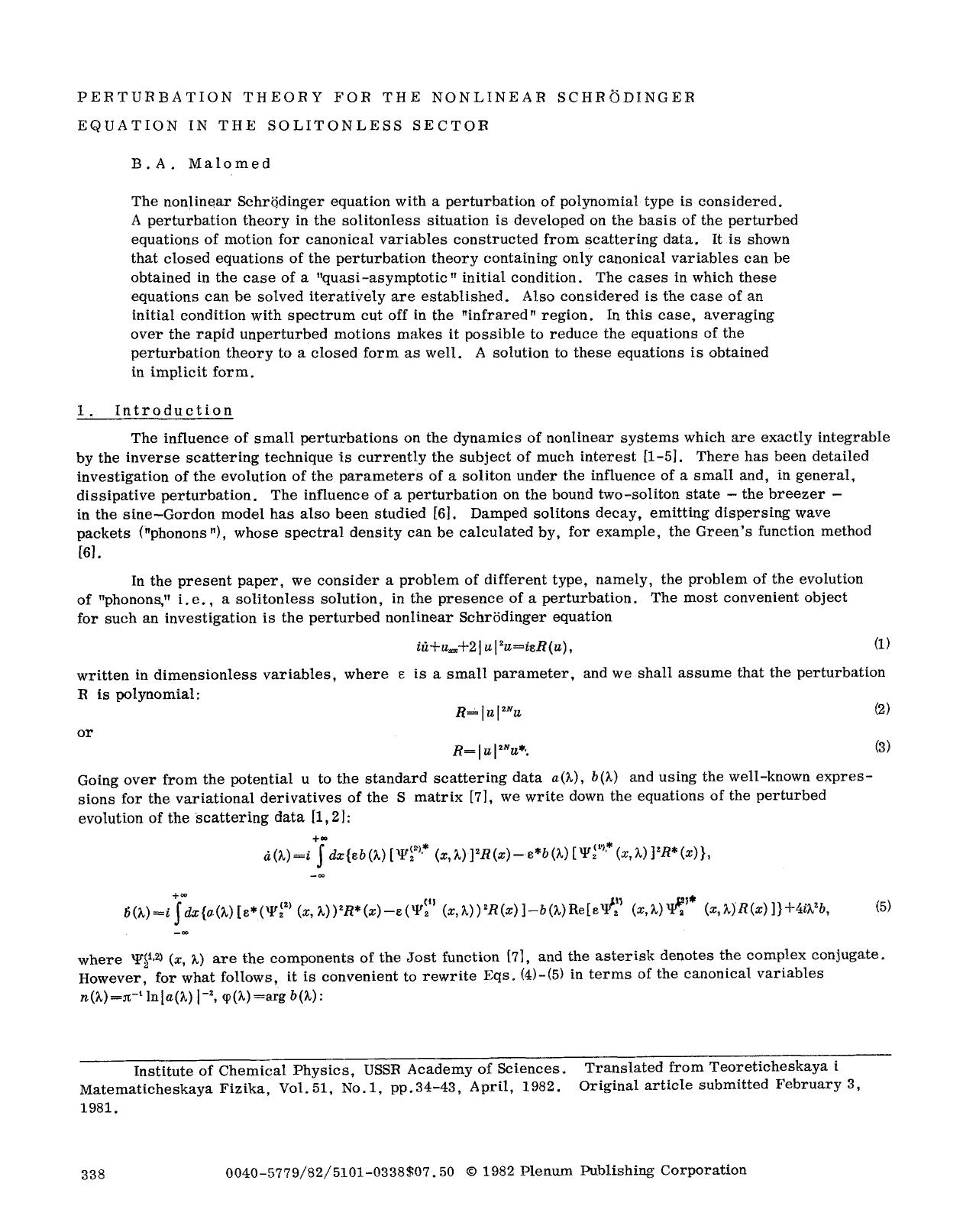 Perturbation theory for the nonlinear Schrödinger equation in the solitonless sector by Unknown