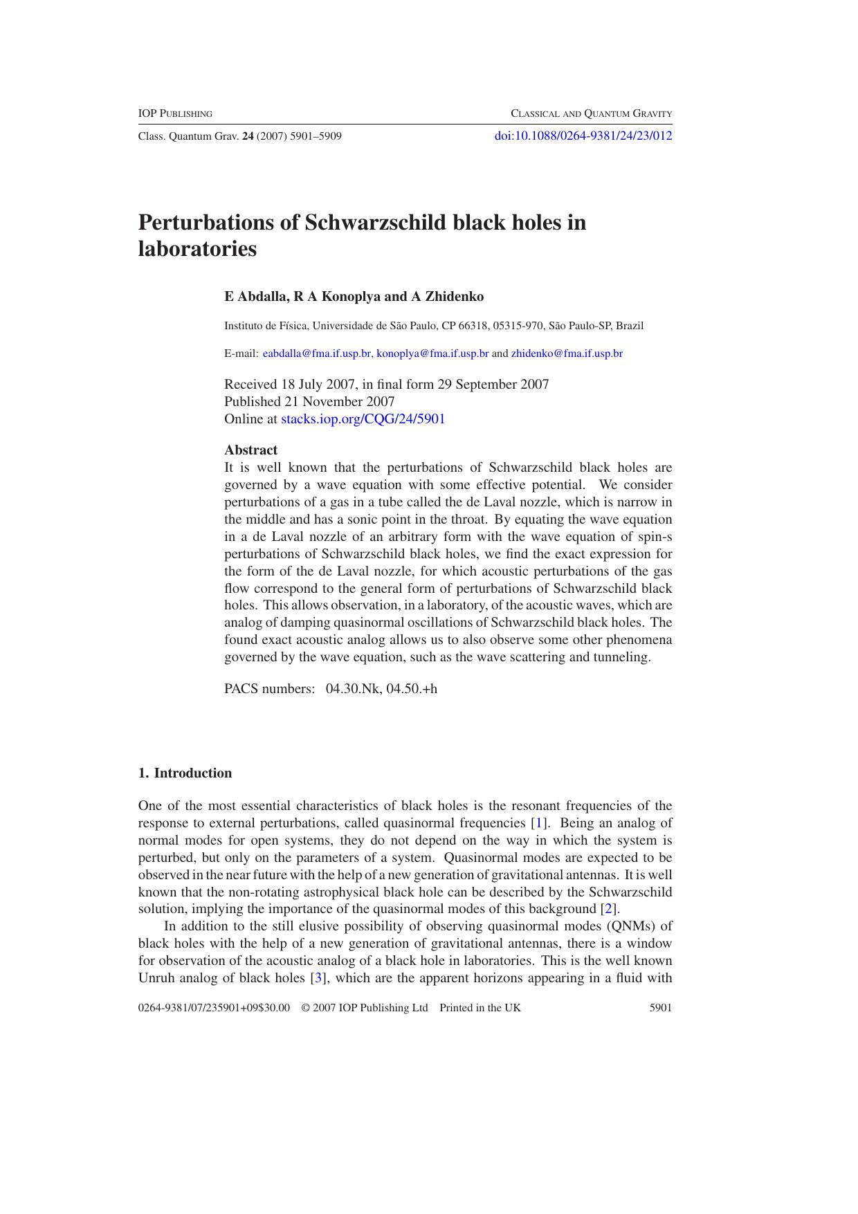 Perturbations of Schwarzschild black holes in laboratories by E Abdalla et al