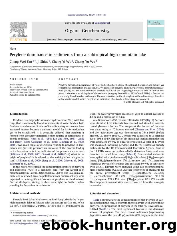 Perylene dominance in sediments from a subtropical high mountain lake by Cheng-Wei Fan & J. Shiue & Cheng-Yi Wu & Cheng-Yu Wu