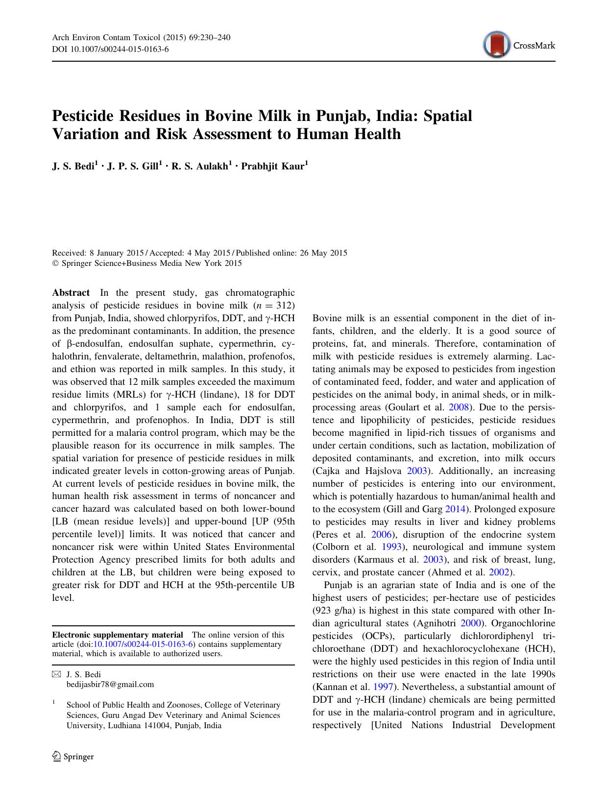 Pesticide Residues in Bovine Milk in Punjab, India: Spatial Variation and Risk Assessment to Human Health by J. S. Bedi & J. P. S. Gill & R. S. Aulakh & Prabhjit Kaur