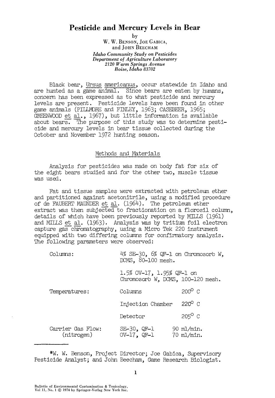 Pesticide and mercury levels in bear by Unknown