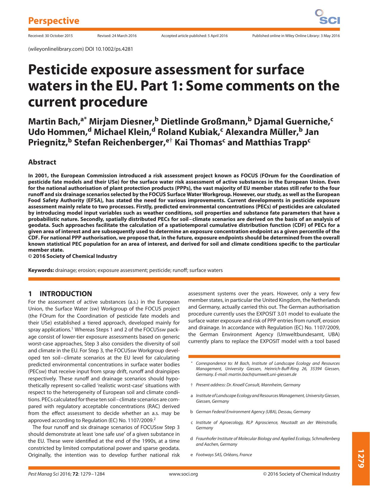 Pesticide exposure assessment for surface waters in the EU. Part 1: Some comments on the current procedure by Unknown