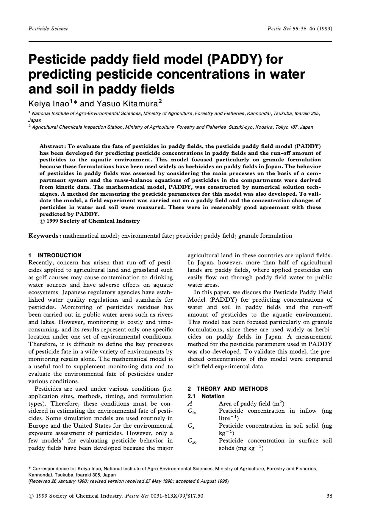 Pesticide paddy field model (PADDY) for predicting pesticide concentrations in water and soil in paddy fields by Unknown