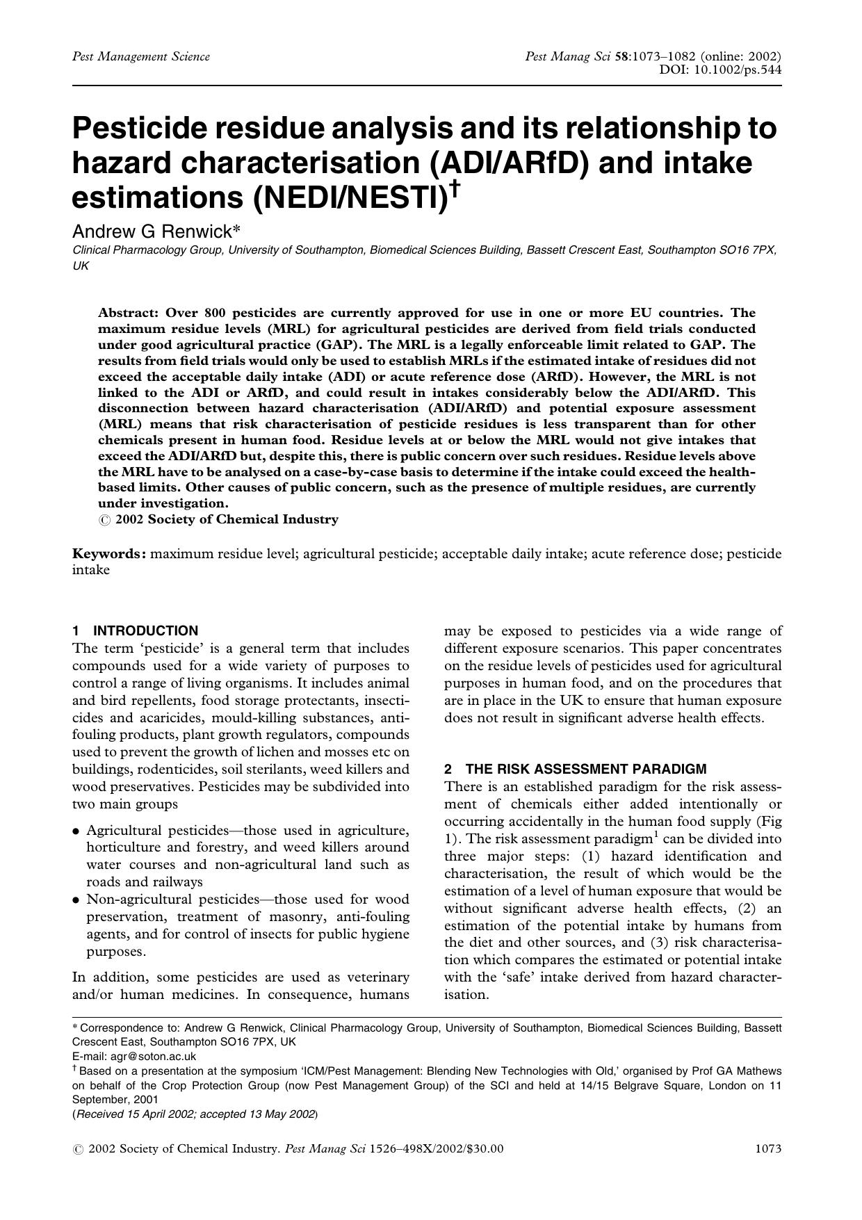 Pesticide residue analysis and its relationship to hazard characterisation (ADIARfD) and intake estimations (NEDINESTI) by Unknown