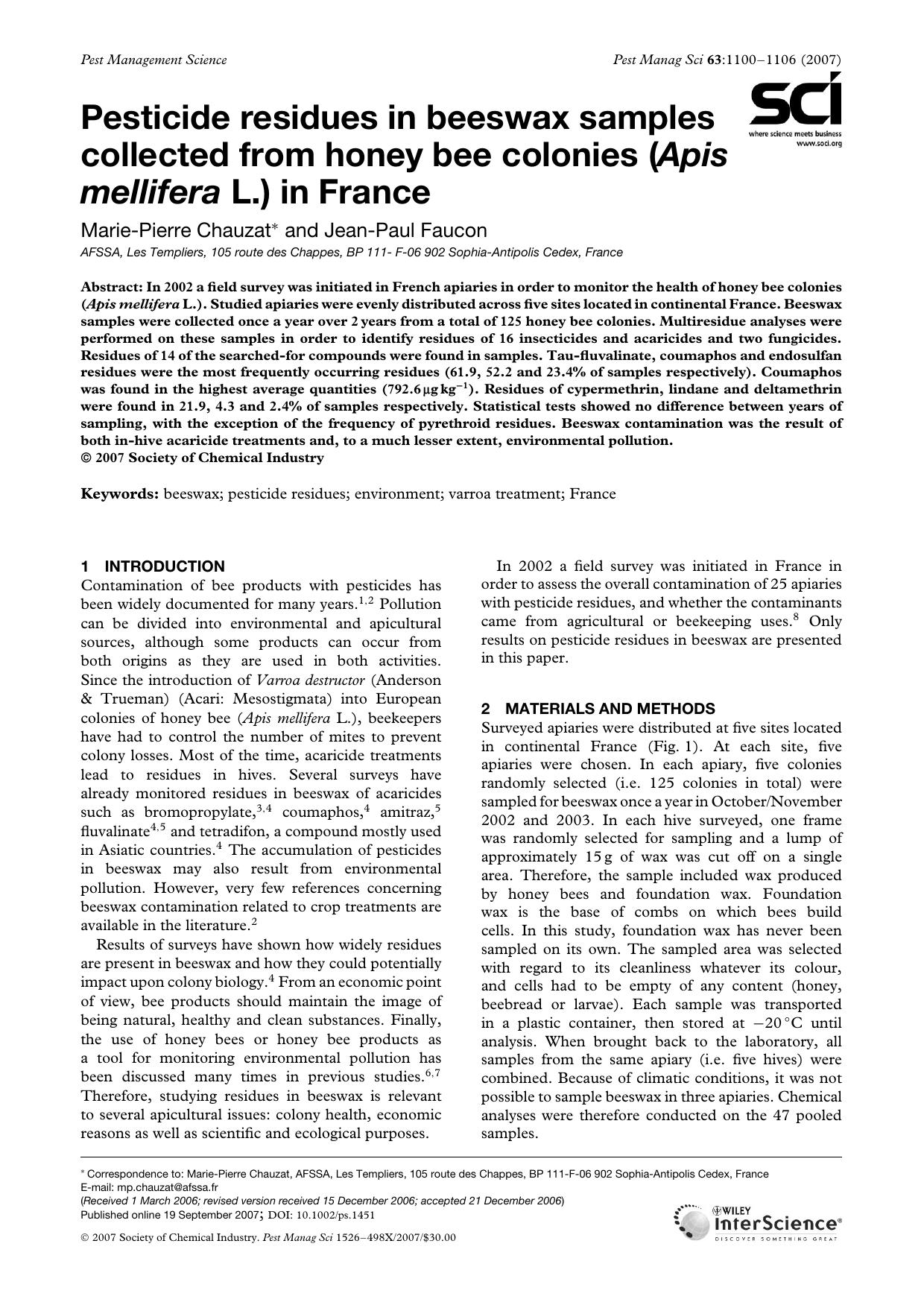 Pesticide residues in beeswax samples collected from honey bee colonies (Apis mellifera L.) in France by Unknown